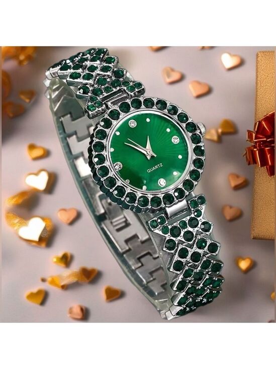 Elegant Green Rhinestone Hearts & Silver Women\'s Jewelry Set of 5- Quartz Watch main image 4